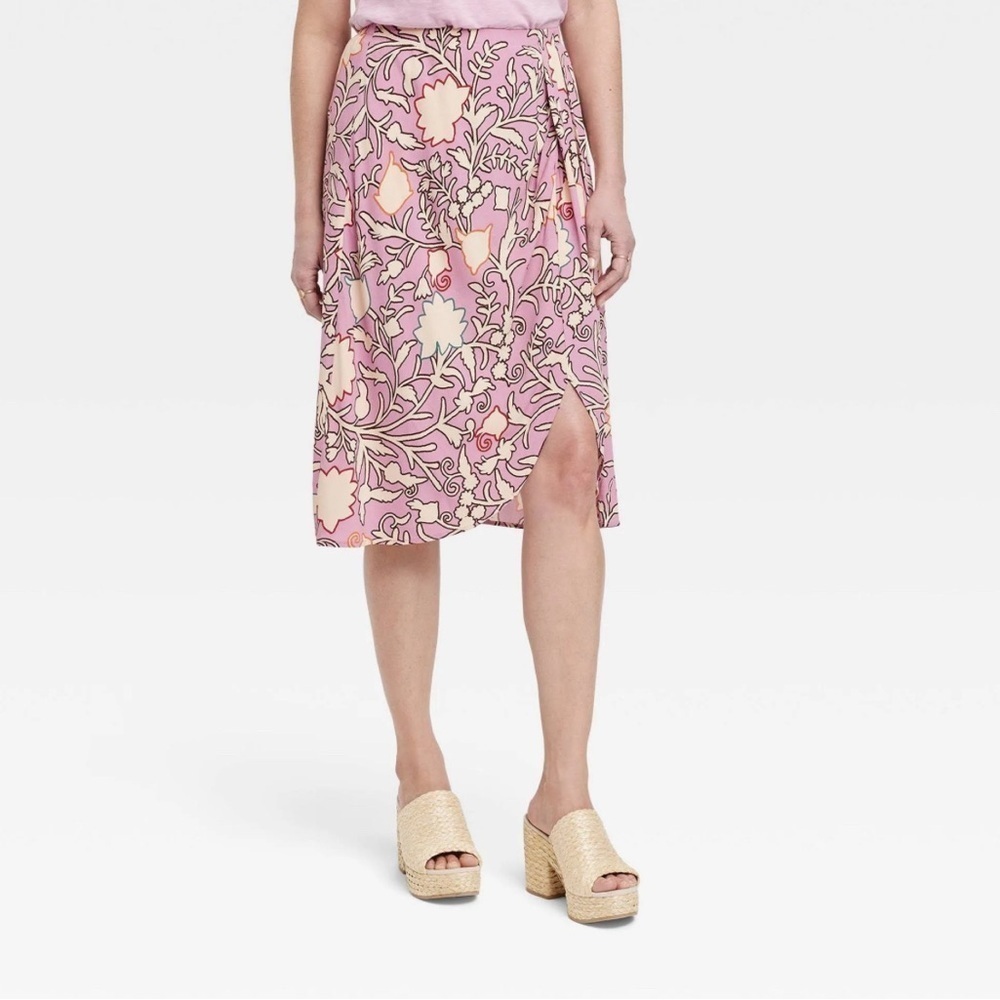 Knox Rose Drapey Faux Wrap Purple Cream Oversized Floral Knee Length Skirt XL